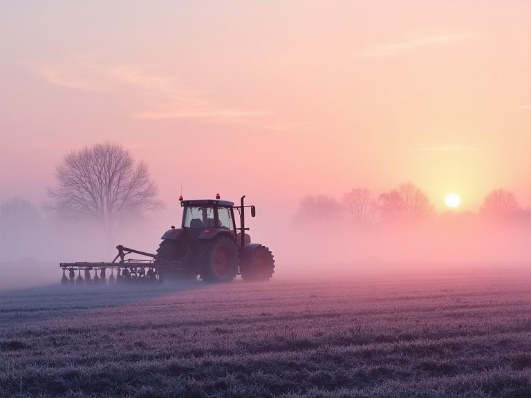 Watercolor of foggy morning fields. Tractor plows frosted agricultural fields. Silhouettes of trees in mist. Morning mood with high contrast. Scene embodies rural life awakening. Soft pink and vibrant orange sky. Mist lingers for tranquility.