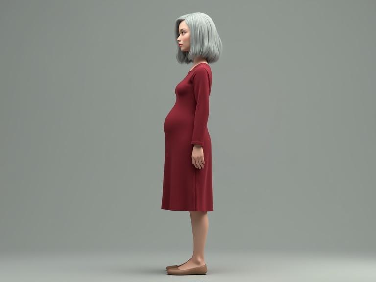 Cinematic scene featuring a woman with silver hair standing calmly. Neutral grey background. Full body visible. Dressed in a deep red dress and light-brown flat shoes with blunt toe. Realistic lighting and tone. No fantasy elements.