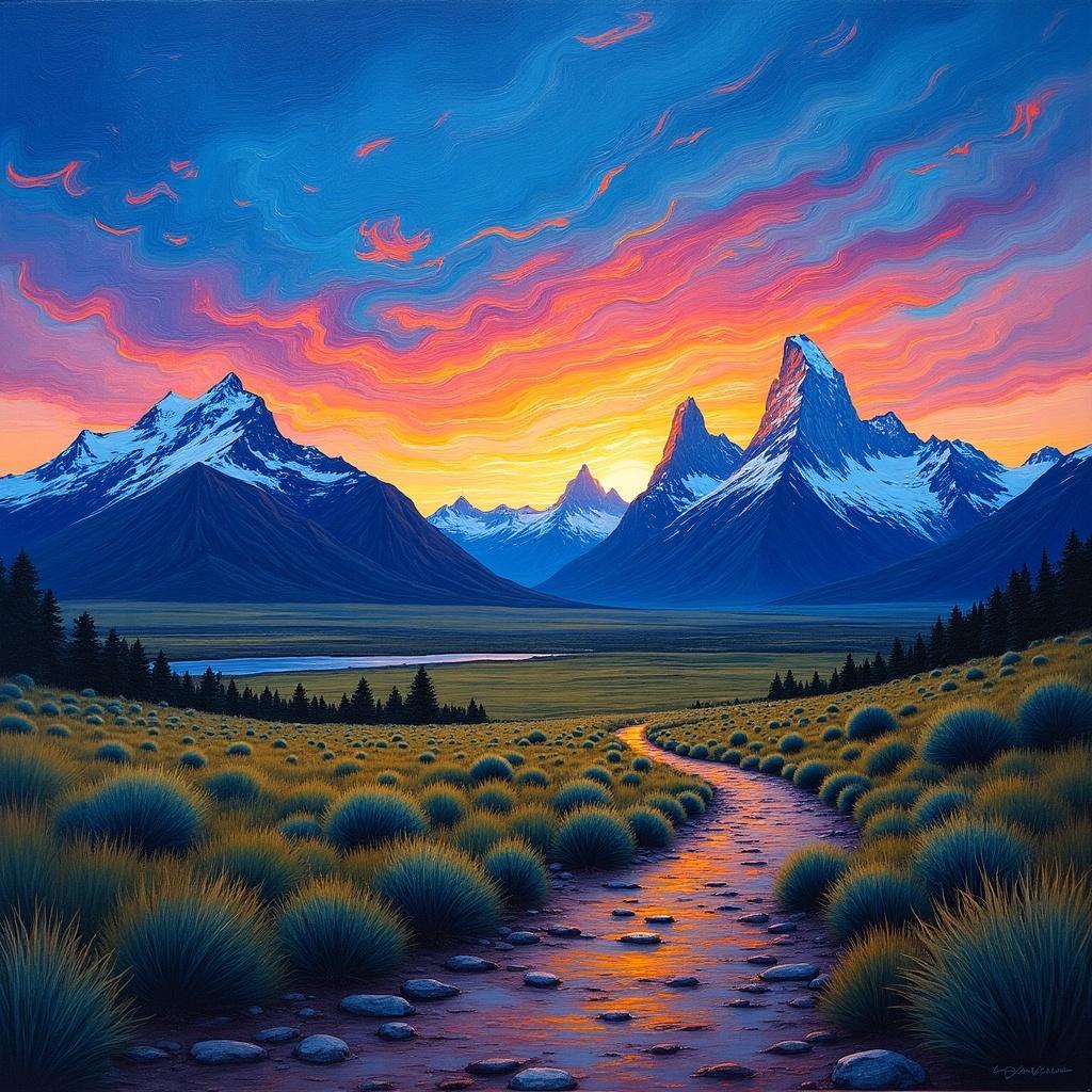 Artwork depicts stunning imaginary landscape of Mount Fitz Roy in Patagonia. Dramatic sunset transitions from deep blues to vibrant oranges, pinks, and purples across the horizon. Surrounded by mountains and green fields. Combines elements of Van Gogh's painting style with brushstroke signs. Evokes feelings of peace and solitude in nature.