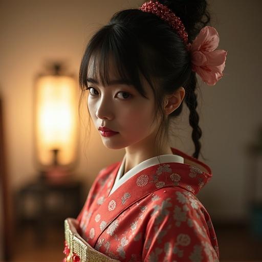 Portrait of a Japanese woman in traditional attire with soft lighting. Captures beauty and elegance. High school costume reflect cultural significance.