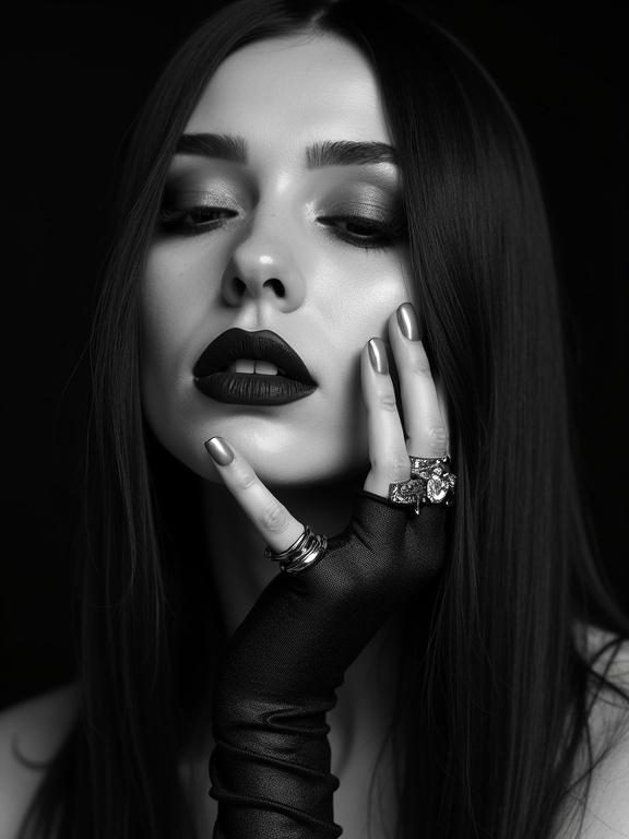 Black-and-white close-up portrait of a subject with long hair. Dark lipstick and dramatic eyeliner create an intense look. Eyes are closed and hand is touching the face. Multiple rings on fingers and wearing a fingerless glove. Soft lighting enhances skin texture. Low camera angle for intimacy. Black background contrasts with lighter skin tone.