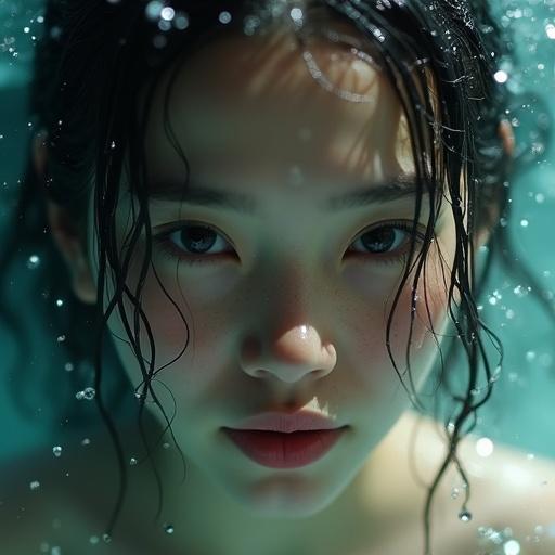 Cinematic close-up shot of a girl emerging from water. Emphasizes emotions and expressions. Character surrounded by light-catching droplets. Skin and hair blend with water. Creates serene, magical atmosphere.