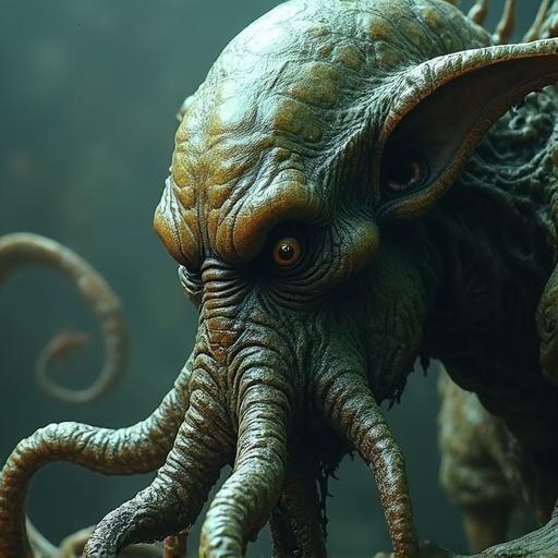 Cthulhu creature featuring human-like features resembling Trump. Details include tentacles and intricate skin textures. Set in a dark, eerie atmosphere with a focus on the creature's sinister expression.