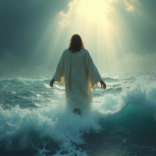 Jesus depicted walking on turbulent waters. Hyperrealistic style. Cinematic film still with dynamic angle. Volumetric lighting illuminating from above.