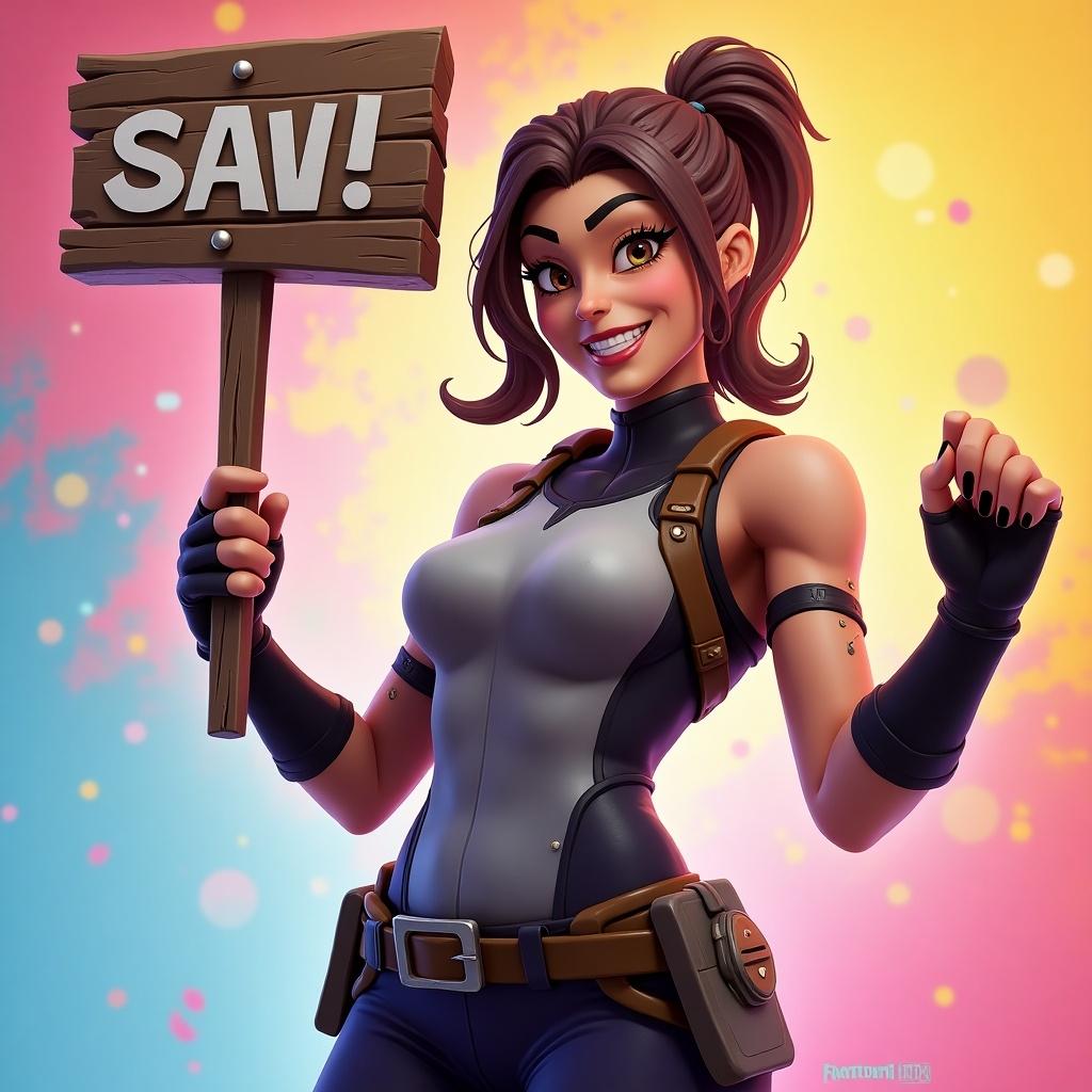 Fortnite themed artwork featuring a female character. Character smiles and poses confidently while holding a wooden sign with letters on it. Colorful backdrop enhances visual appeal.