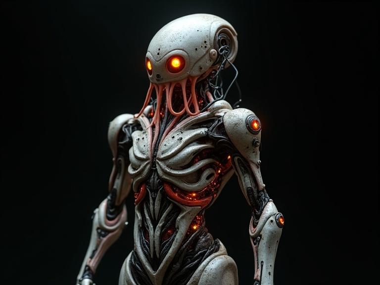 Organic creature with six tentacles and glowing eyes inside a sleek mechanical suit. Suit has reddish orange LEDs, sharp parts, and wires. Background is dark with high contrast.