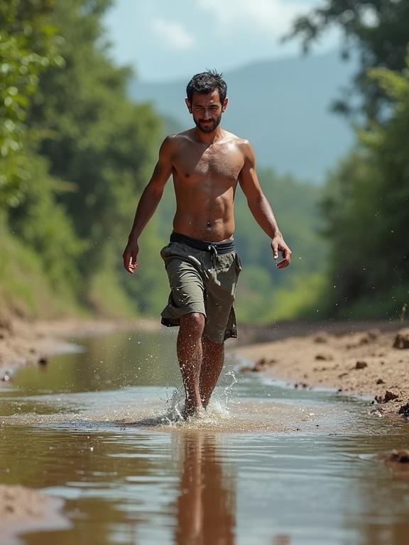 A man walks through shallow water in a rural area. He is barefoot and wearing shorts. The background shows greenery and a distant landscape.