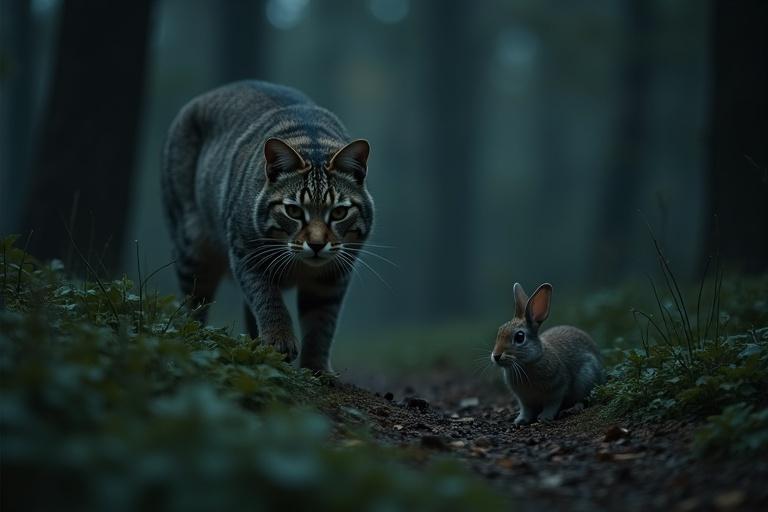 Wild cat in dark forest stalking a rabbit. The scene captures a tense moment between predator and prey. The forest is dimly lit, creating a mysterious atmosphere. The cat appears focused and alert, while the rabbit looks cautious and aware of its surroundings.