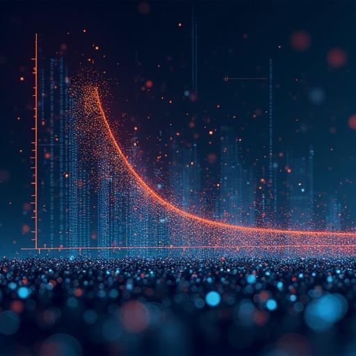 An illustration depicts the gradient descent algorithm as a smooth curve representing optimization. Dots represent data points, and the background features abstract data visualizations. The color scheme combines dark tones with bright accents to convey a technological theme.
