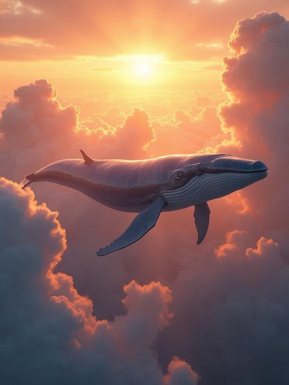 A giant whale swims gracefully through a vibrant sky filled with swirling clouds during golden hour. The scene shows the whale's iridescent skin in sharp detail with warm lighting. A wide view captures the scale against the vast sky, evoking a sense of wonder.