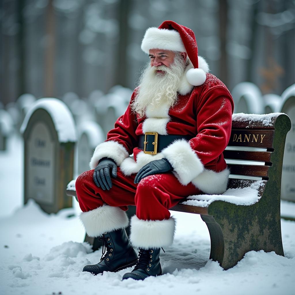 Father Christmas in a red suit with white trim sits on a bench in a snowy cemetery. Implied presence of a boy spirit. Name Danny engraved on the bench.