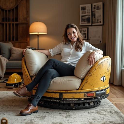 A photorealistic scene of a person sitting comfortably on a luxurious sofa that blends with the rugged seat of an excavator. The luxurious sofa has soft beige cushions and elegant curves. The base is industrial metal and hydraulic components of an excavator. The person looks relaxed and happy in a cozy atmosphere in a modern living room with warm lighting. The background includes a mix of modern furniture and construction elements like a hard hat and blueprints.