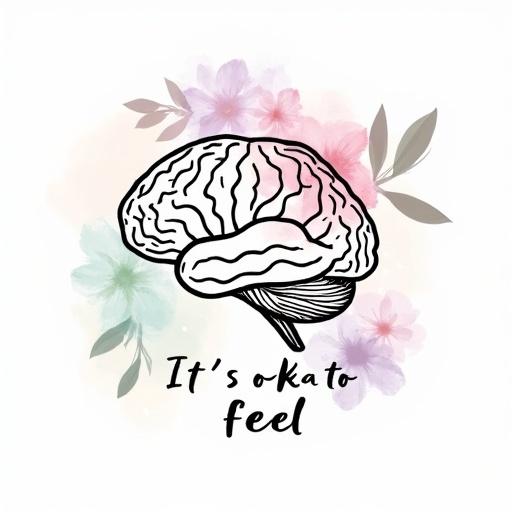 Minimalist design featuring a hand-drawn brain outlined in black surrounded by pastel flowers. Text reads 'It’s Okay to Feel' in a black sans-serif font. Transparent background with watercolor texture. High-resolution for t-shirt printing.