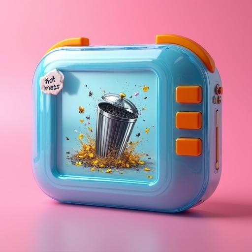 Close-up photo of a translucent light blue electronic device against a pink background. The glossy shell shows inner circuitry. Three orange sliders on the side. A curved glass screen displays an animated trash can with chaos. A small sticker says 'hot mess' on the corner. Soft shadows and highlights present.