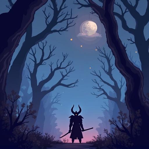 Create a dark fantasy game background in pixel art style. Include a silhouetted character with horns standing in a mystical forest with an eerie moon in the background.