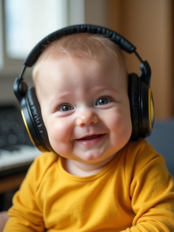 A close-up of a cute baby with chubby cheeks wearing yellow clothes and large headphones looking straight at the camera with a gentle confident smile. Soft natural lighting highlights the baby’s face. The blurred background features a music studio with hints of recording equipment.