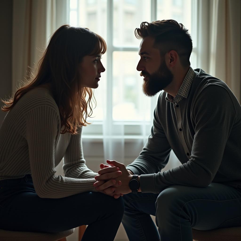 Image depicts two people engaged in a profound conversation. One person shows a depth of experience in life. Close interaction with hands clasped together.