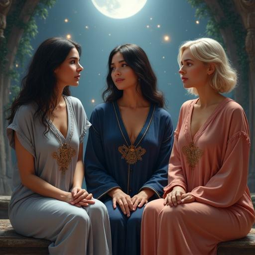 Three mythological goddesses in pajamas gather for a council. Athena in gray pajamas with owl embroidery. Isis in indigo pajamas with golden hieroglyphs. Freyja in rose-gold pajamas. They share wisdom in a moonlit mystical chamber.