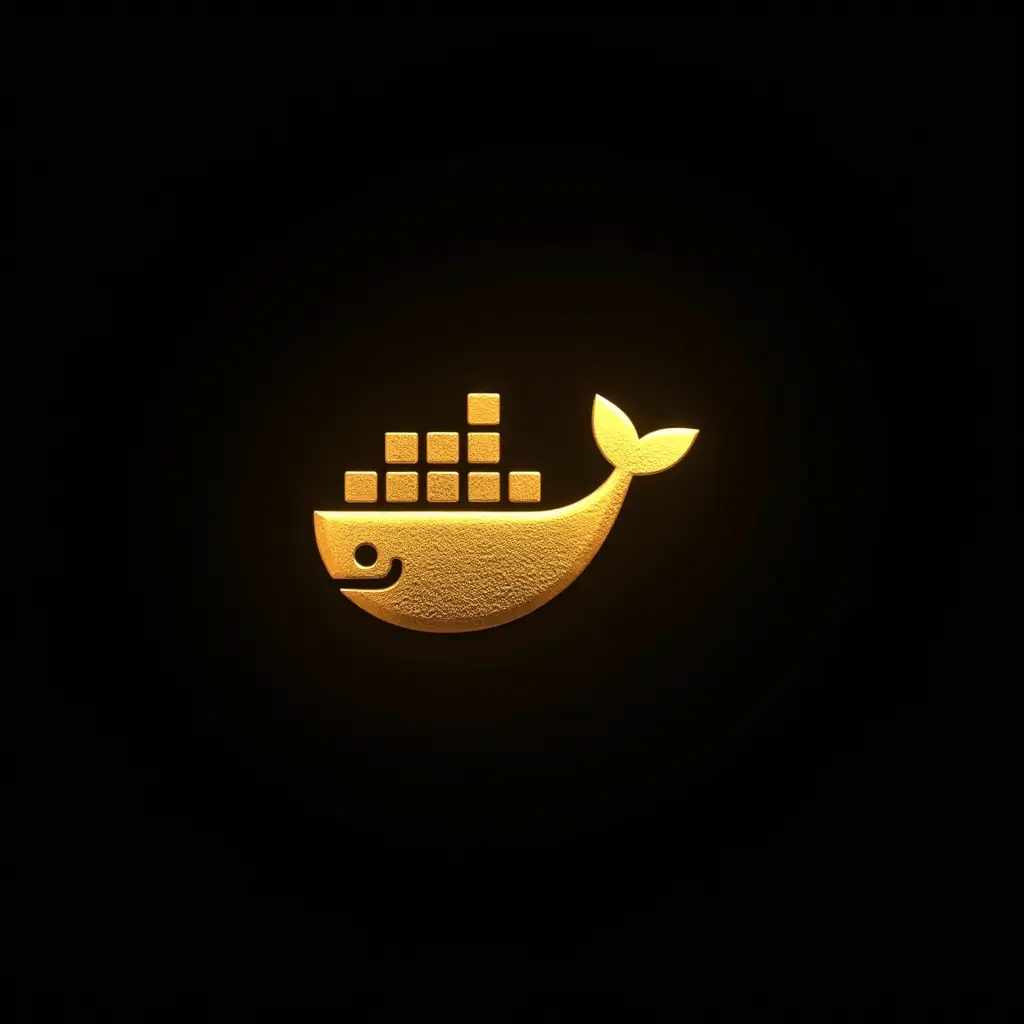 A gold stylized logo of a whale with cargo blocks on a black background.