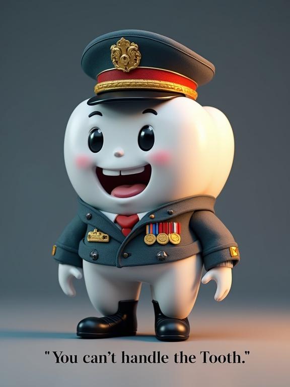 3D character of a tooth wearing a military uniform. Features a smiling expression. Text underneath reads 'You can’t handle the Tooth.'