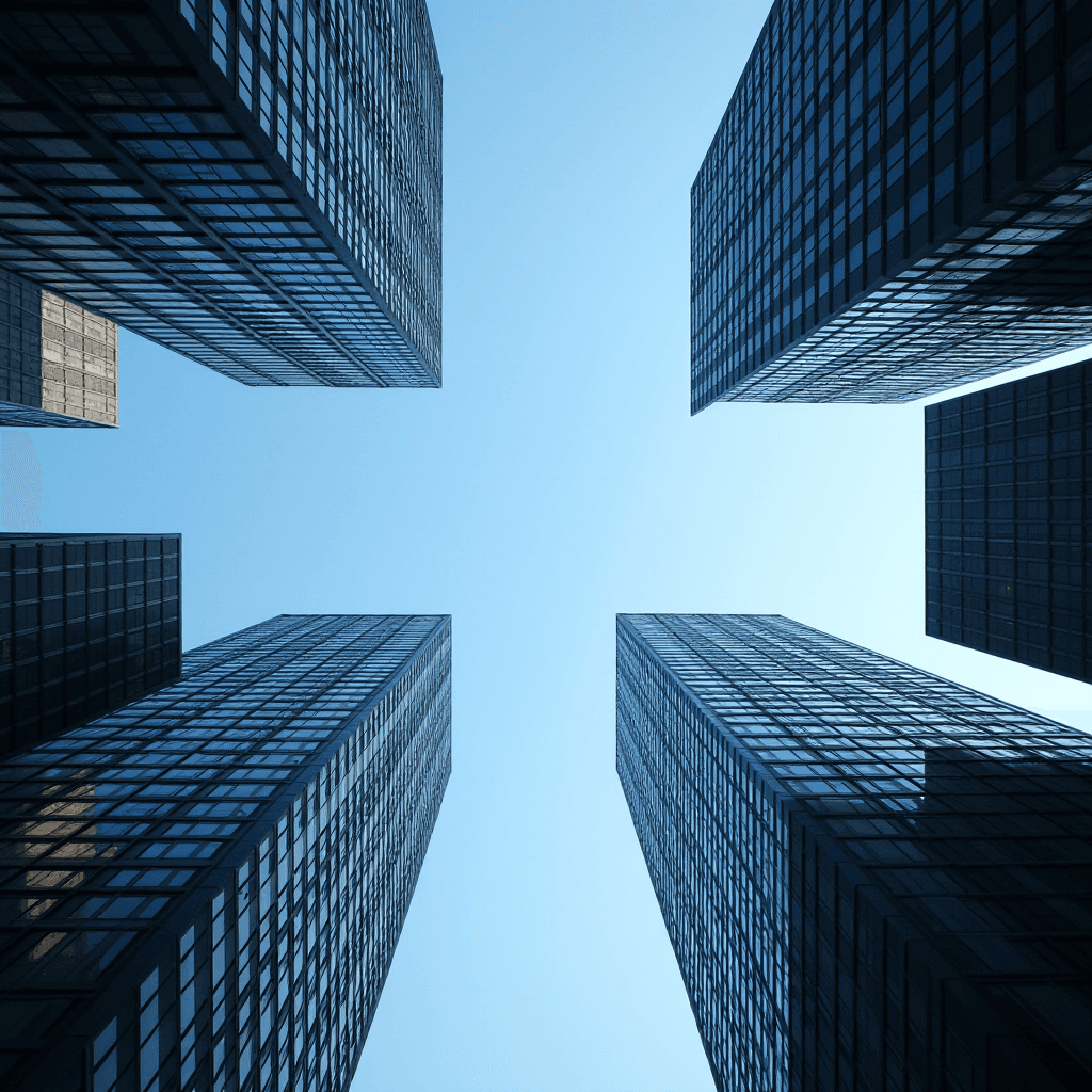 Four skyscrapers frame a bright, clear sky in urban symmetry.