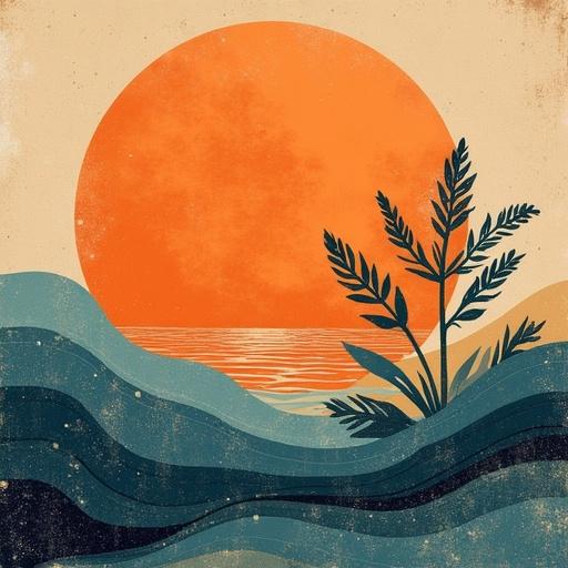 Abstract illustration of a sunset over the sea with a plant silhouette in the foreground. Vintage style with a boho aesthetic. Rich colors and textured layers.