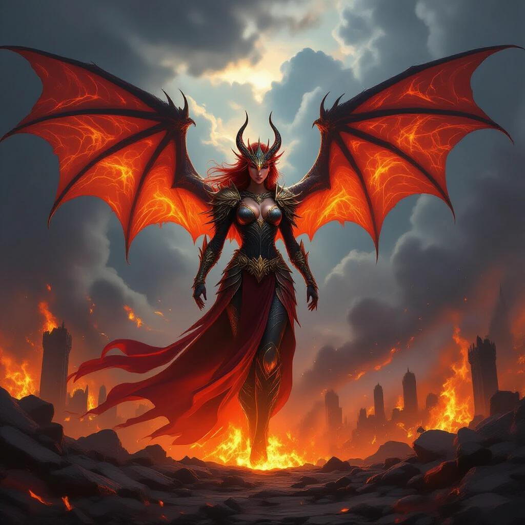 A majestic dragon queen rises above a burning battlefield. Wings are spread wide with molten fire. The ruins below are scorched and glowing. Storm clouds spiral behind her. Fierce regal expression is evident. The scene depicts fantasy realism with a golden and crimson color palette. Highly detailed and cinematic in style.