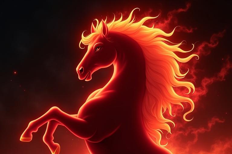 A majestic fiery horse rearing up against a swirling dark anime background. Strong light emanates from the horse's mane. An ethereal fantasy style.