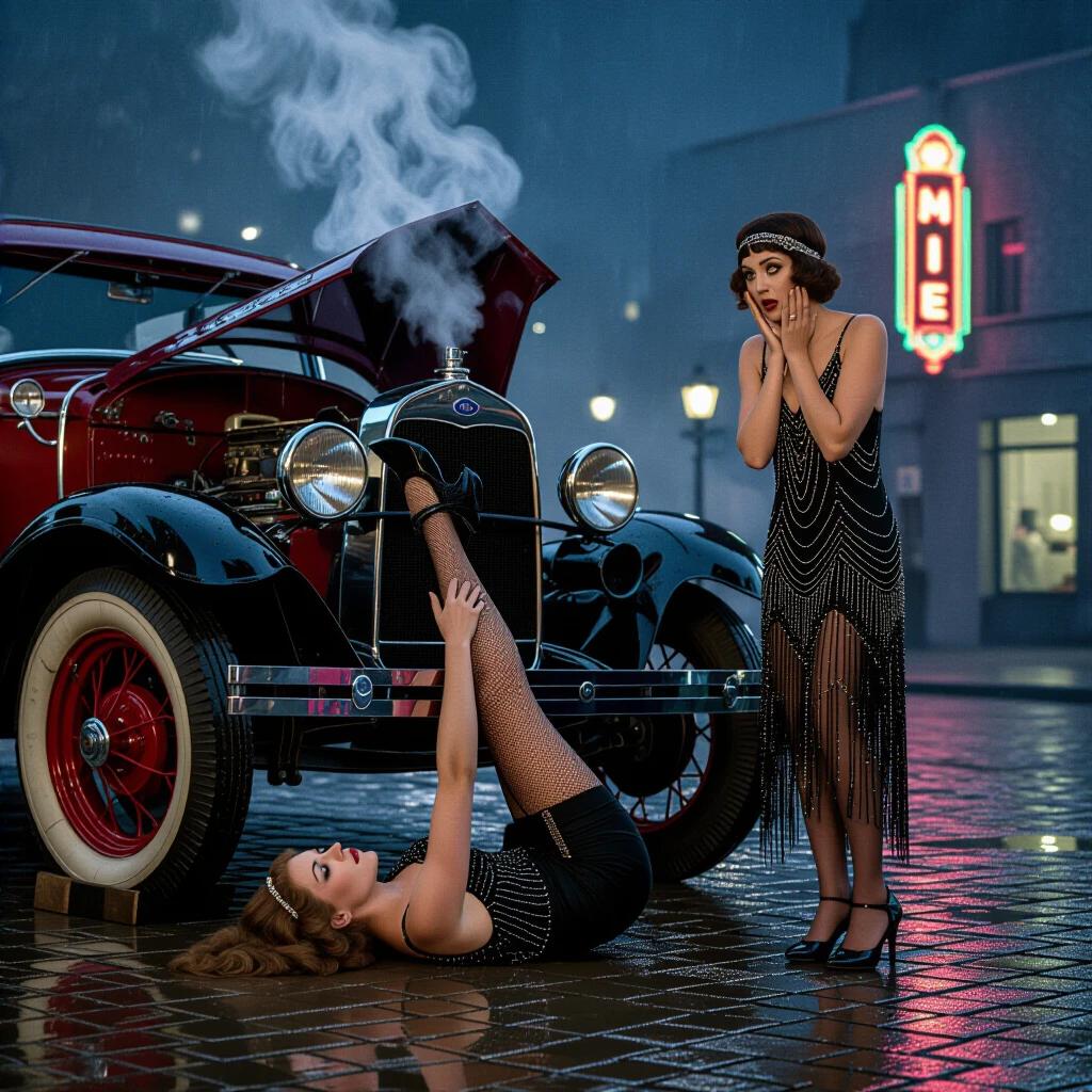 A woman lies under a vintage Ford Model A with her legs and shoes visible as she attempts to fix the car. Another woman in a flapper dress stands beside the car with hands on her cheeks in a dramatic pose. The car's hood is open, smoke billowing out, while rain falls on the cobblestones. Background features Art Deco neon lights and a foggy atmosphere.