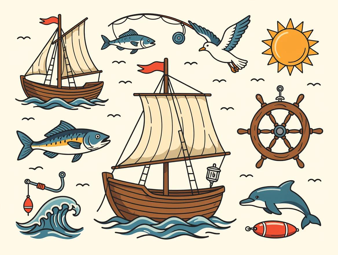 Vector images showcase a sailboat with flat sails. A steering wheel is included along with various fish and a fishing rod. A seagull soars nearby against a bright sun. Dolphin swims. Design features waves symbolizing the sea. Background is a light beige to highlight the elements of fishing from 1880s.