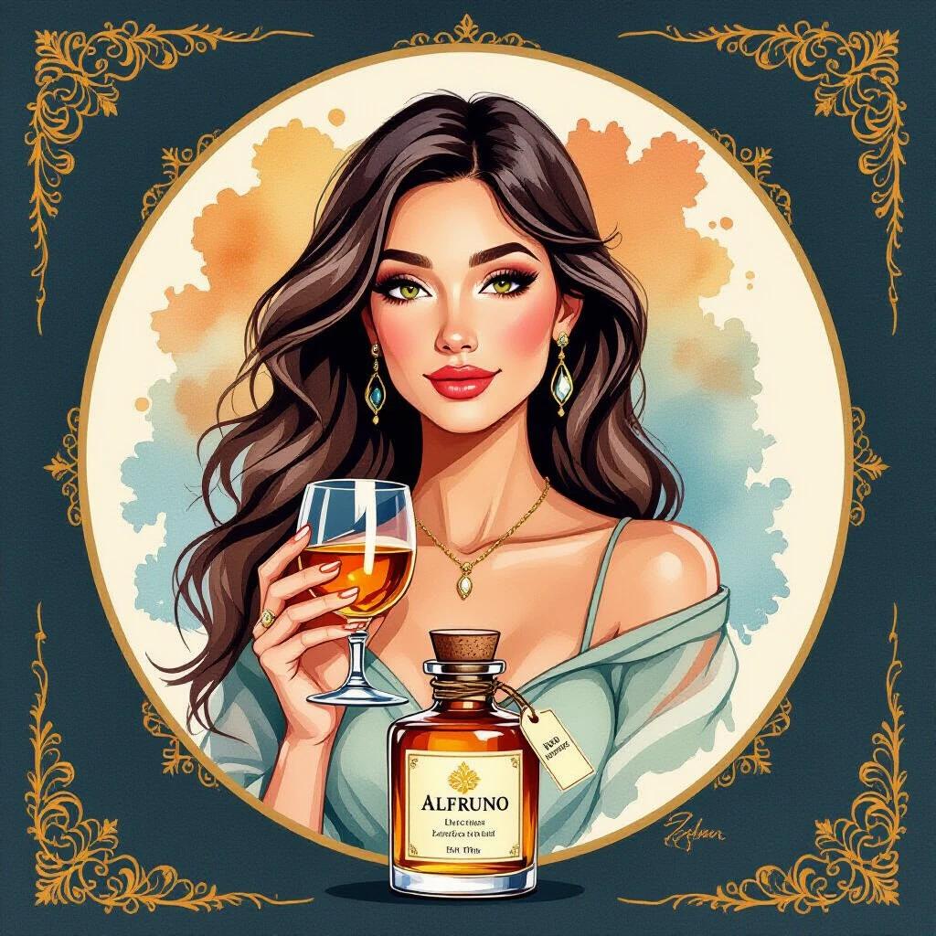 Stylized artistic illustration of a woman with long dark hair holding a glass of amber liqueur. She has fair skin and wears jewelry. The background has watercolor splashes in orange and blue. A lower apothecary-style bottle labeled 'Alfruno' is prominently displayed with a cork cap. There are decorative elements like roses and green foliage. The text above reads 'Genuss aus dem Garten der Natur' in curved layout.