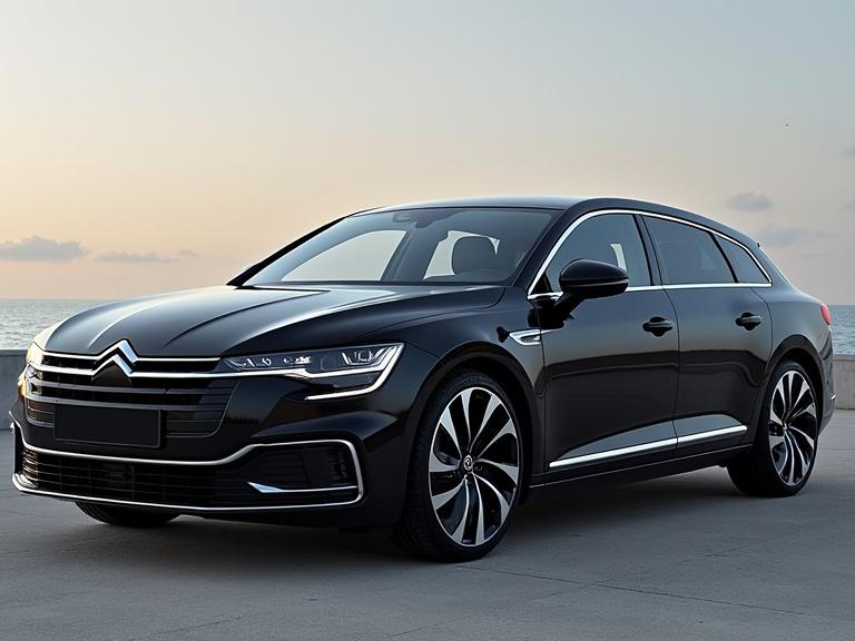 Citroen C6 is a 2026 E-segment fastback saloon. The car features 19 inch alloy wheels and is painted in black. The setting showcases an elegant side view against a sunset background.