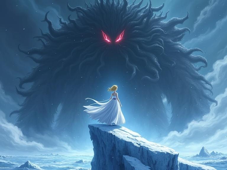 Princess Serenity stands on an ice pillar at the North Pole. A blizzard surrounds her. Dark stormy sky looms overhead. Her expression is determined. Facing Metalia, a colossal shadowy entity. Icy landscape is jagged with glowing shards of ice. Magical energy crackles in the air. Her hair and gown sway in the wind.