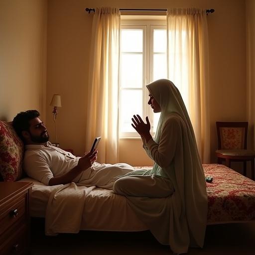 In a brightly lit modest Pakistani bedroom, a woman in traditional shalwar kameez is praying with hands raised and a sorrowful yet hopeful expression. Beside her, a relaxed husband uses his mobile phone, providing silent support. The room features typical Pakistani decor with embroidered cushions and wooden furniture.