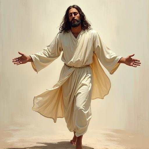 Oil painting of Jesus walking with his arms outstretched. He wears a white robe. Peaceful expression on his face. Long dark hair. Eyes are closed. Appears to be in a meditative state.