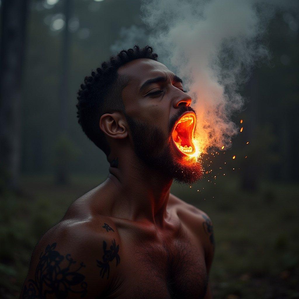 A person performing fire breathing outdoors. Background is a forest. The subject showcases an intense expression. Flames and smoke are vividly captured.