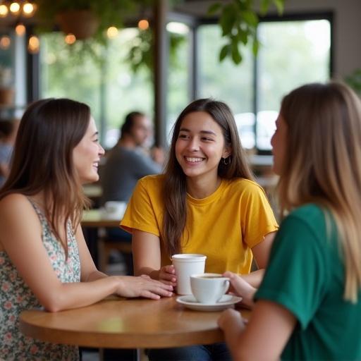 Group of young people sitting at a wooden table in a coffee shop. Engaged in conversation. Woman in yellow t-shirt holding a cup of coffee and smiling. Surrounded by two other women. One in floral dress. One in green blouse. Background shows other people in cafe. Large windows with natural light. Plants hanging from ceiling. Relaxed atmosphere.