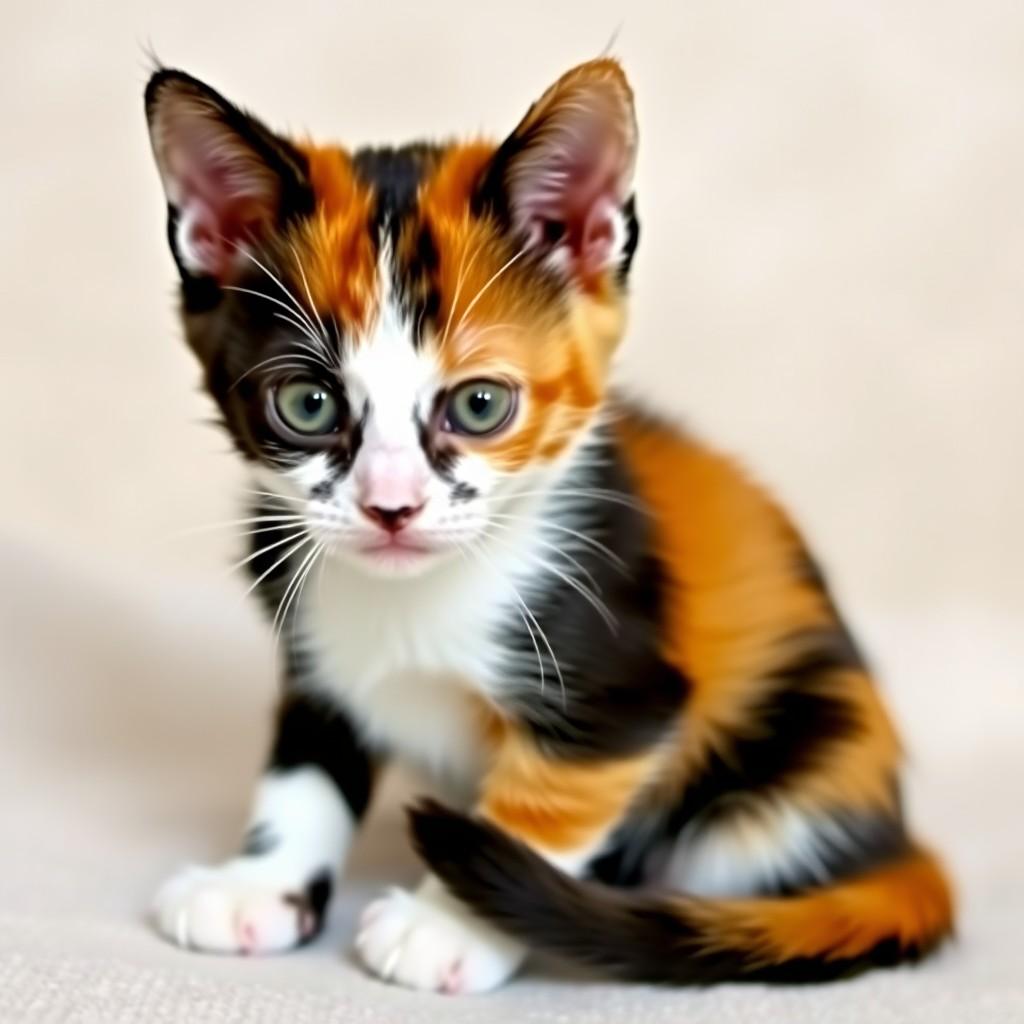 A cute calico kitten with green eyes looking intently at the camera.