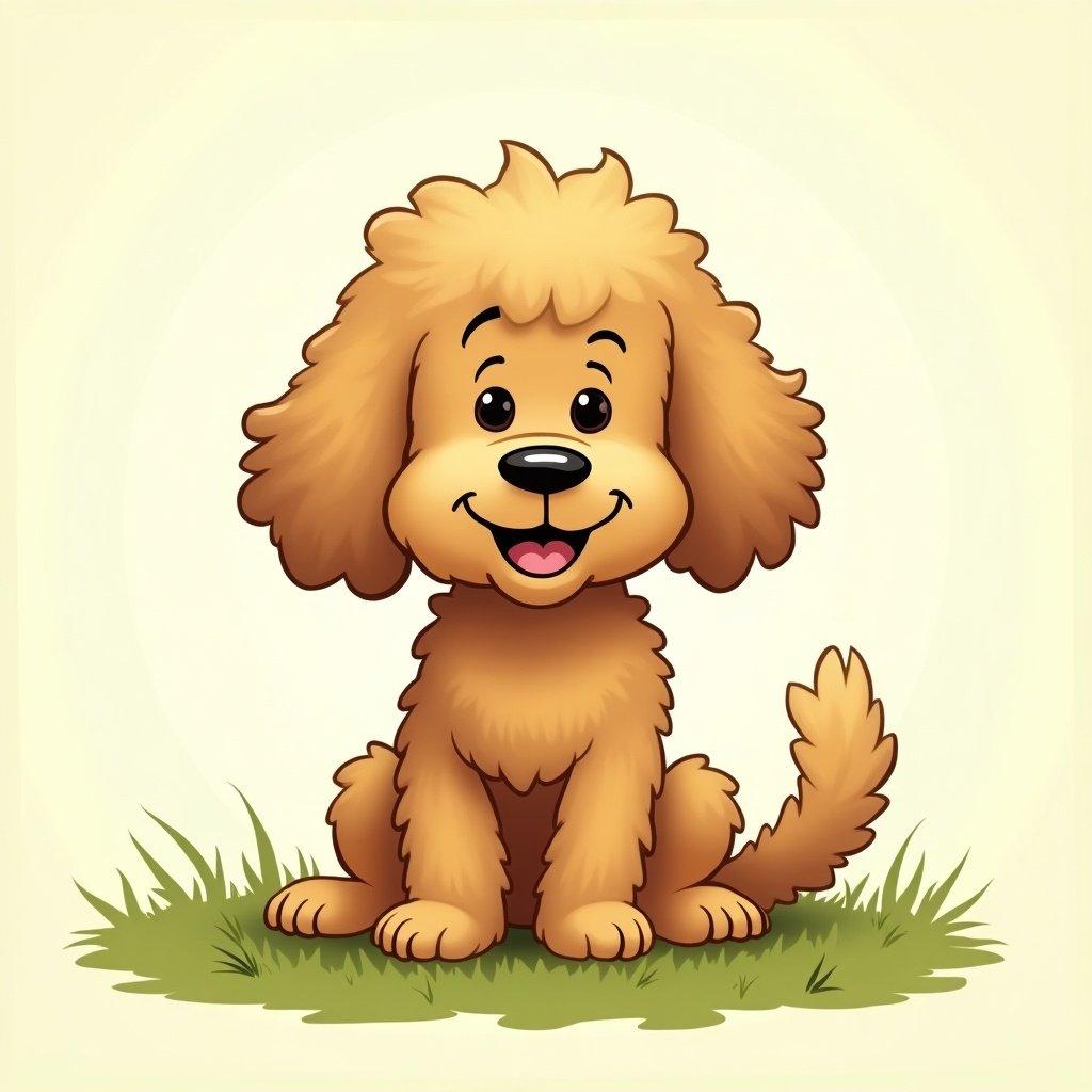 Mini golden labradoodle cartoon style character with playful expression. Sitting in grass. Cute features. Similar to Peanuts characters.