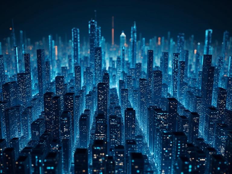 A cityscape made entirely of flowing data streams and binary codes showcasing the concept of turning everyday life into data