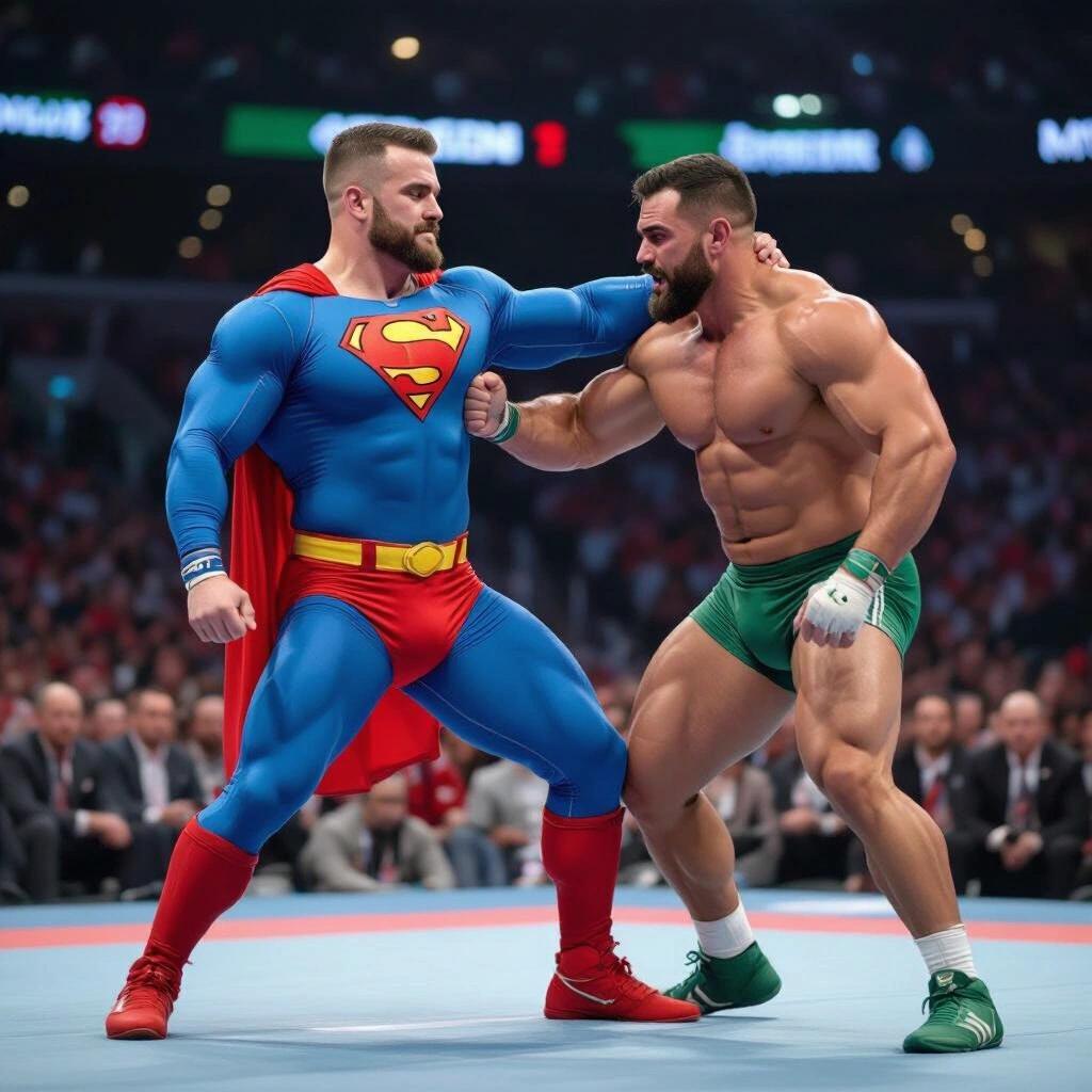 Powerlifter in a superman costume wrestles another powerlifter in green trunks. Action takes place in a stadium full of spectators. Clean shaven appearance. Iconic superhero themed outfit.
