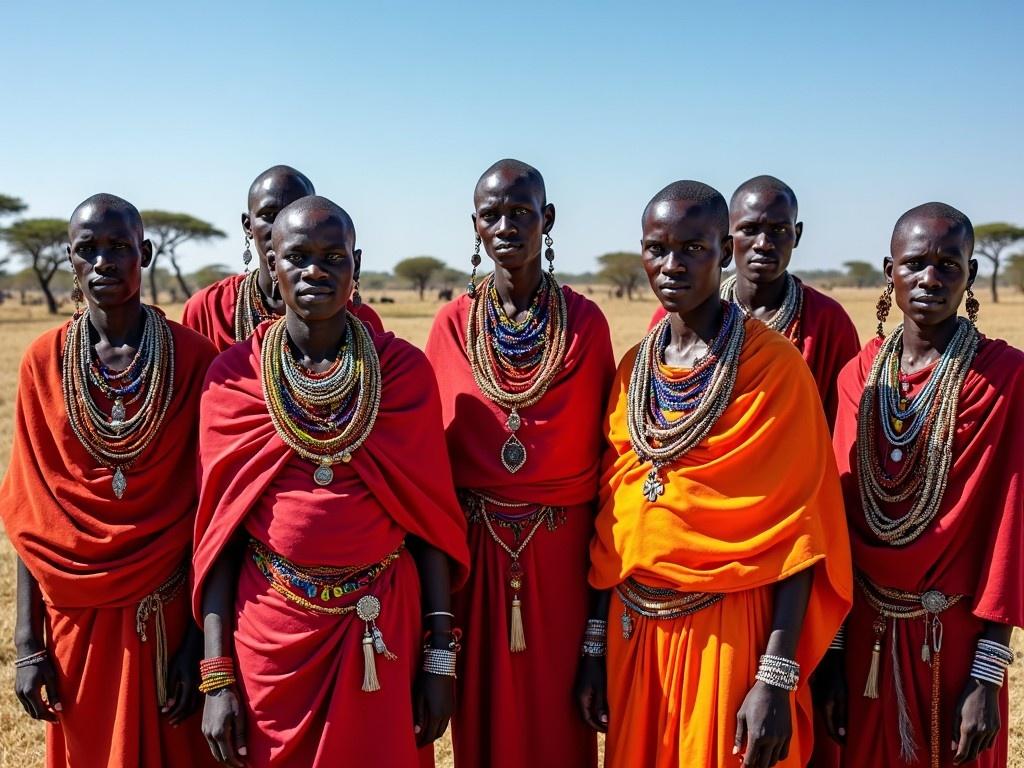 This image features a group of Maasai individuals standing together, showcasing their traditional attire and vibrant jewelry. The fabric colors, primarily red and orange, highlight their cultural heritage. They are positioned in a natural landscape, with acacia trees in the background. The sunlight creates a striking contrast, enhancing the textures of their garments. The subjects appear proud and united, representing the Maasai community's identity and traditions. This photograph emphasizes the beauty of their culture in a stunning natural setting. It captures both the individuals and the essence of their way of life.