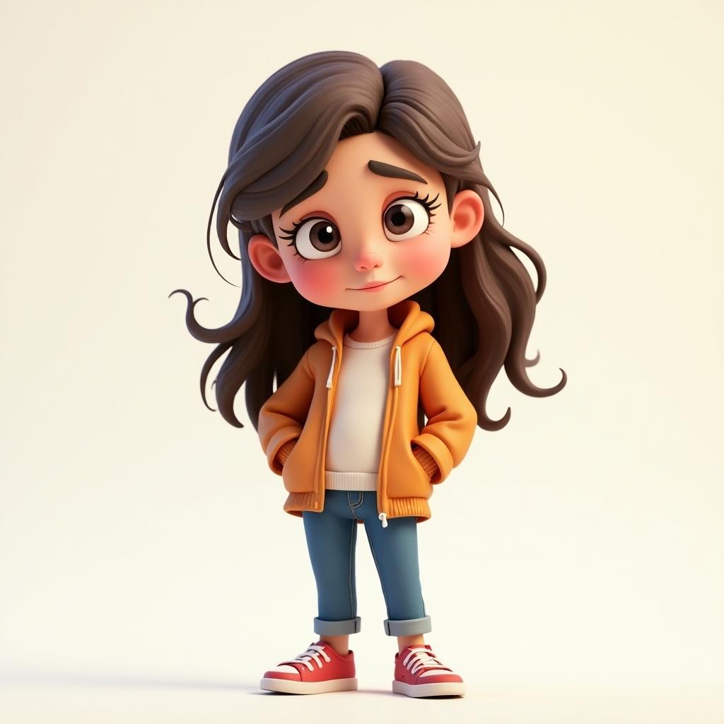 3D cartoon character of a cheerful teenage girl dressed in casual clothing with a relaxed expression.