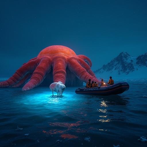 Night scene in Antarctica. Large red jellyfish under water lit by blue LED spotlight. Small white fish swimming near jellyfish. Inflatable rescue boat with young man and woman in polar uniforms nearby. Dark sea and starry sky. Intense and mystical atmosphere, slightly scary, like a marine horror story scene.