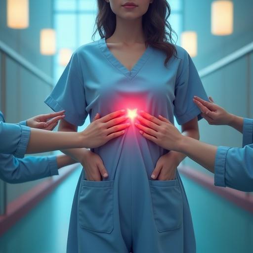 A feminine woman in a hospital gown. Several hands are inspecting her breast area under her clothes. She has an hourglass shape. The scene has a glowing star at her torso. The style is anime and rendered in octane with HDR effects.