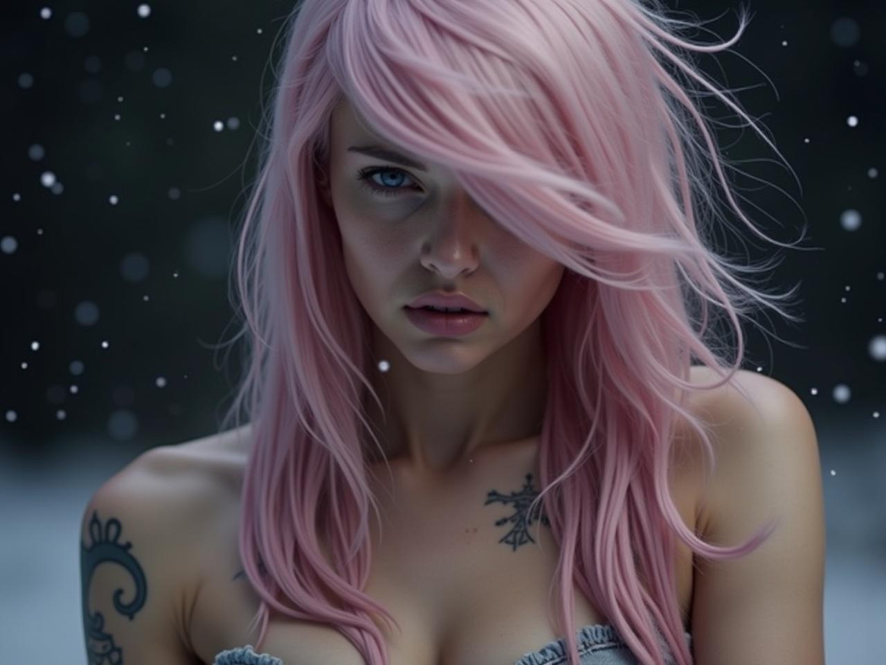 The image depicts a close-up of a person with long, flowing hair that is a soft pink color. The background is dark with a snowy effect, creating a wintery atmosphere. The person's face is obscured, focusing attention on their hair and the ambient environment. There are faint tattoos visible on their shoulder and neck area, adding detail to the image. Light snowflakes can be seen falling gently, enhancing the serene and calm feel of the scene.