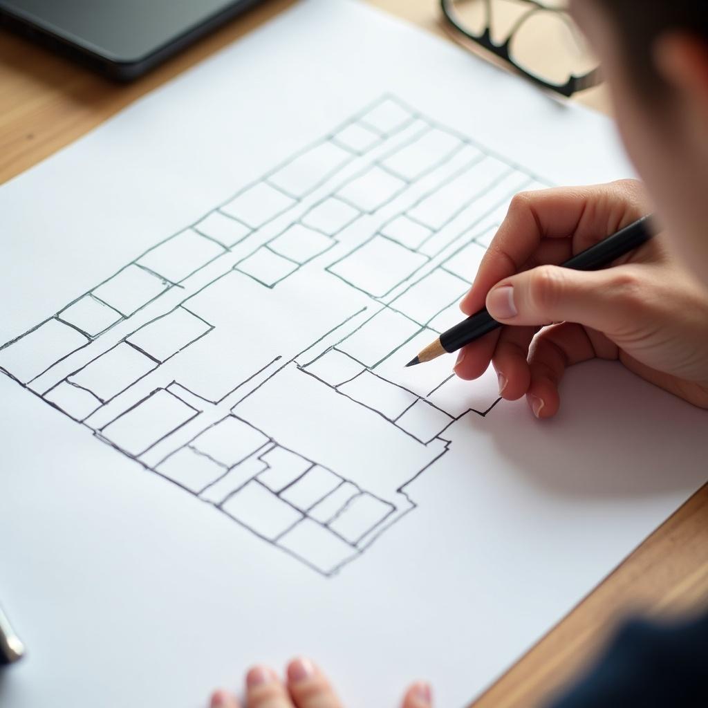 A person sketching an organized grid of rectangles on paper depicting a plan or chart layout