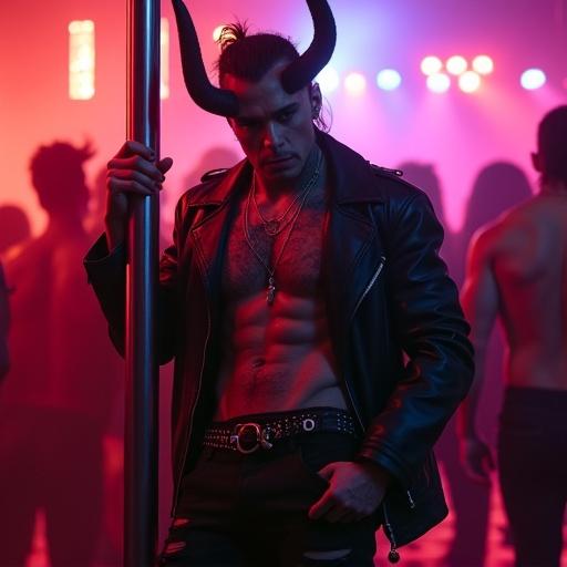 Full body portrait of a modelesque incubus in a nightclub. He leans against a chrome pole. Muscular form exudes seductive energy. Vampiric fangs and inky black eyes hint at an otherworldly nature. Sweaty crimson skin reflects neon lights. Tattoos snake over his frame. Long mullet and impala horns dominate his look. Dressed in ripped black jeans and an open sleeveless leather jacket. Prominent bulge in groin area, oversized combat boots complete the outfit. A whippy tail sways to the music. Scene is vibrant and alluring.