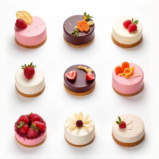 Collage of 6 elegant cakes. Each cake no larger than 6 inches. Arranged neatly on a white background. Unique design with various colors and coverings. Include buttercream, fondant, ganache, and textured frosting. Decorative toppings such as fresh fruit, gold leaf, sugar flowers, or subtle piping. Shot in professional studio lighting. Overhead flat lay style. Clean and bright with sharp focus.