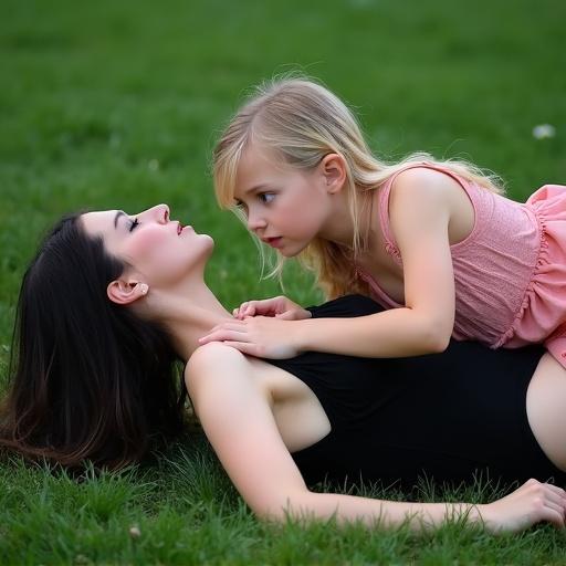 A dark-haired woman in a black bodysuit lies on grass looking up. A young woman with blonde hair in a pink dress leans over her holding her shoulders. Both are in a grassy outdoor setting.